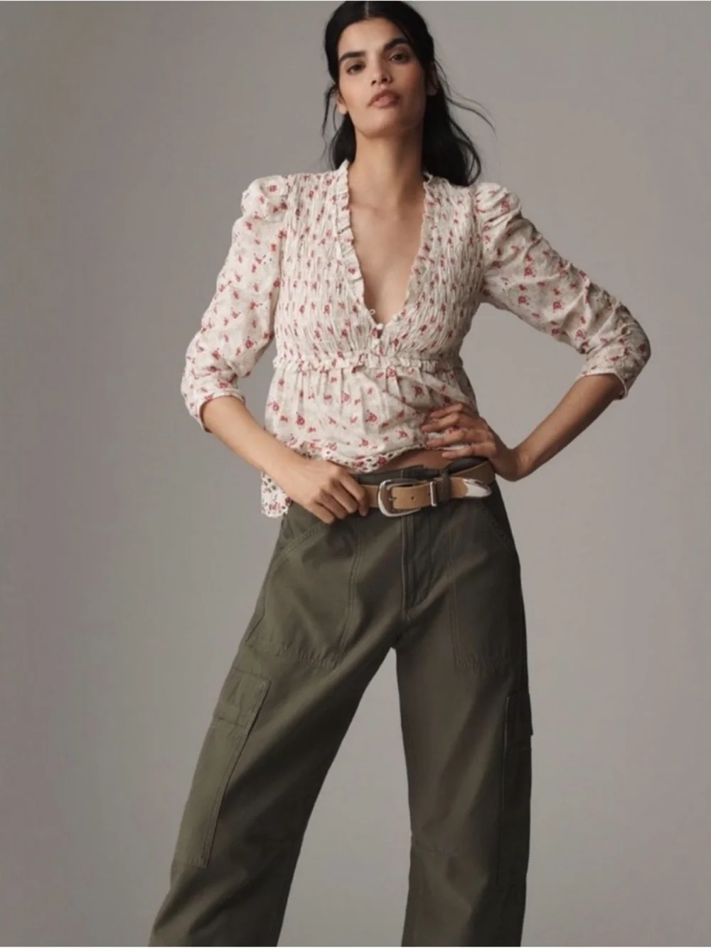 NWT Anthropologie Ruched Sleeve Smocked V-Neck Floral Blouse (Size XS)
